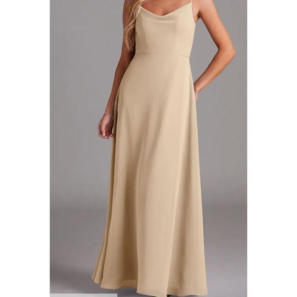 Azazie Daenerys Champagne A-Line Cowl Neck Chiffon Bridesmaid Wedding Dress - Picture 1 of 8
